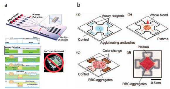 (a) 真空處理的微流控芯片 (b) 紙做的微流控芯片，上述兩種芯片皆能即時(shí)分離血球血漿，進(jìn)行血漿內(nèi)蛋白質(zhì)檢測(cè)