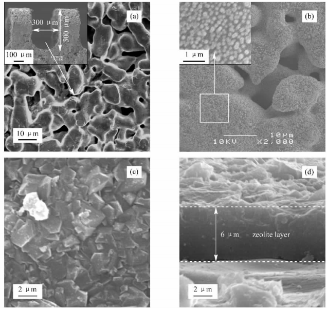 圖2不銹鋼微通道內(nèi)表面、引入晶種以及沸石生長(zhǎng)成膜的電鏡照片