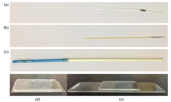 Fig.2Cryopreservationdevicesandintegrationmicrofluidicchips(a)OPS.(b)QC.(c)Cryotop.(d)PDMS-transparentceramicintegrationmicrofluidicchip.(e)PDMS-glassintegrationmicrofluidicchip