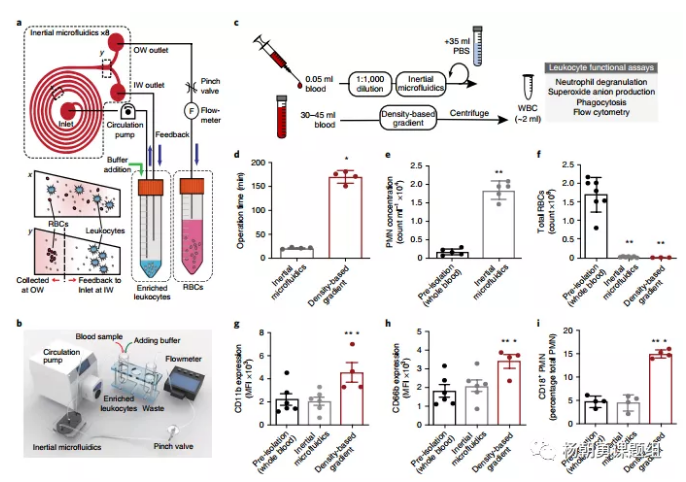 圖1 慣性微流控系統(tǒng)用于分離全血中的白細(xì)胞原理圖，及其與密度梯度離心法分離效果的對(duì)比